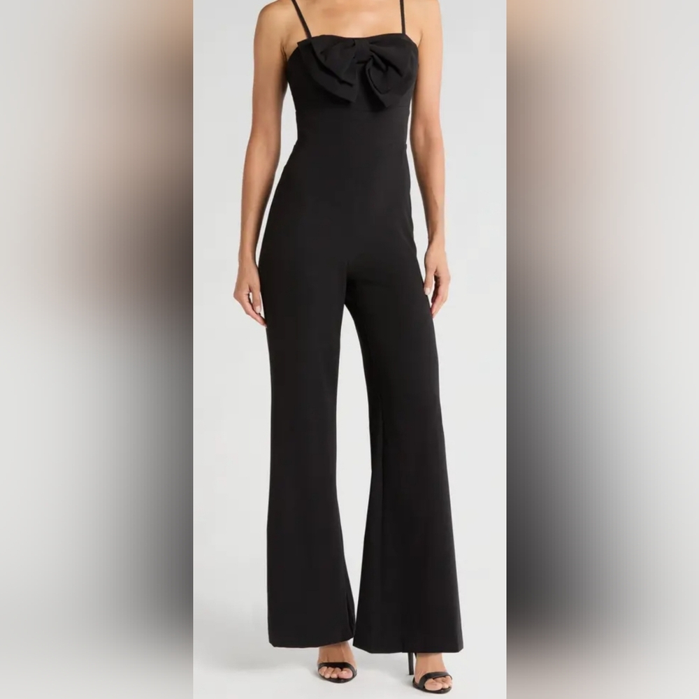 NWT CeCe Front Bow Flare Leg Adjustable Thin Strap Jumpsuit: Black: Size- 10‎